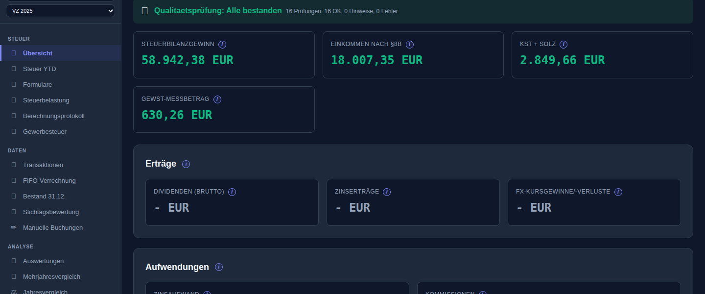 Overview of a self-developed tax application: green quality-check banner (16 checks passed), KPI cards and a sidebar with features from transactions to tax optimisation (demo data)
